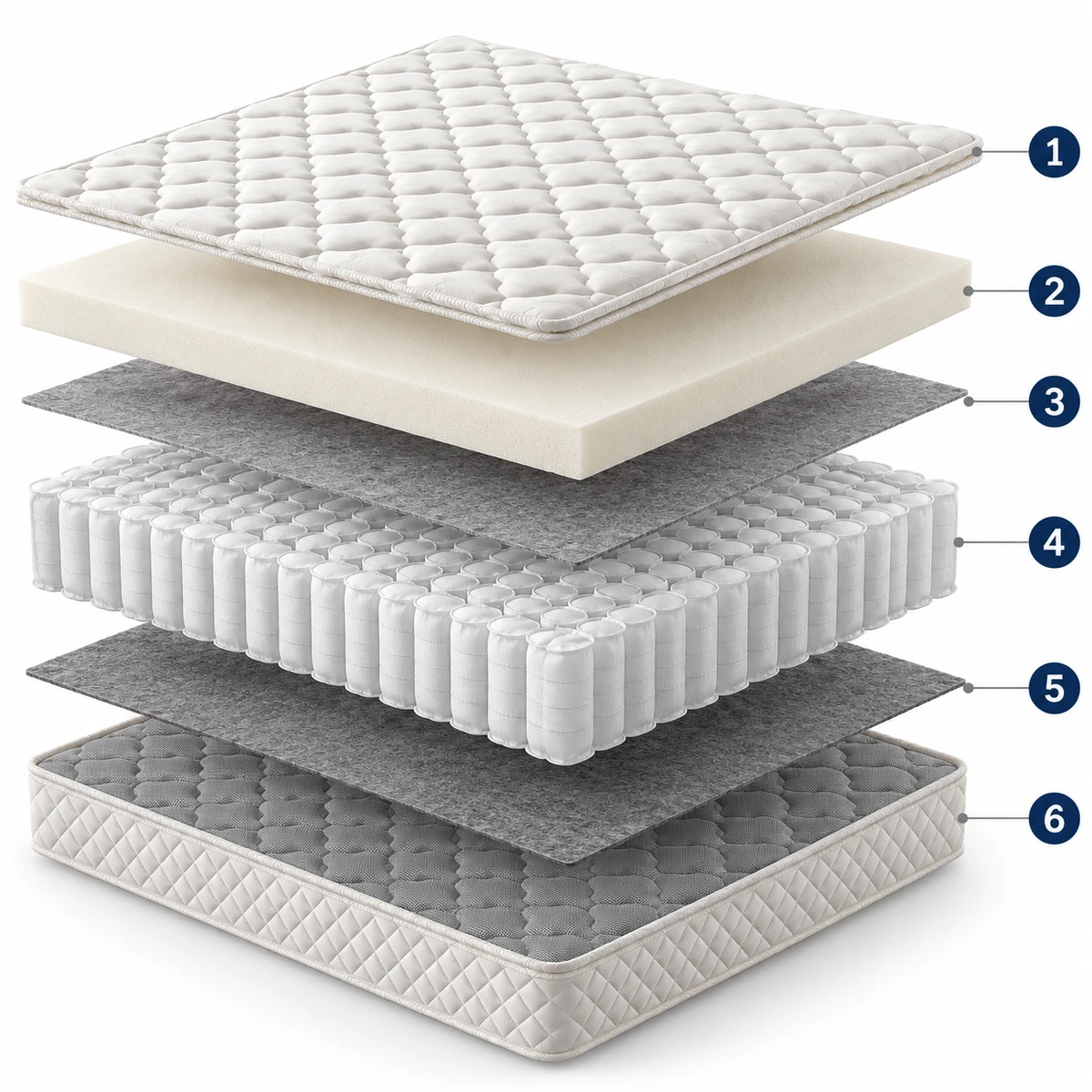 Exploded construction view of MCI White Leaf Pocket Spring Mattress · W803-11″, numbered from top to bottom