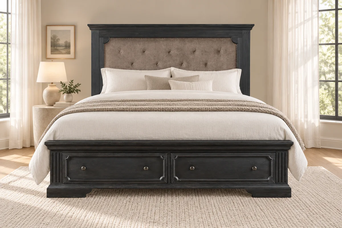 Charcoal storage bed with tufted headboard in a bright bedroom