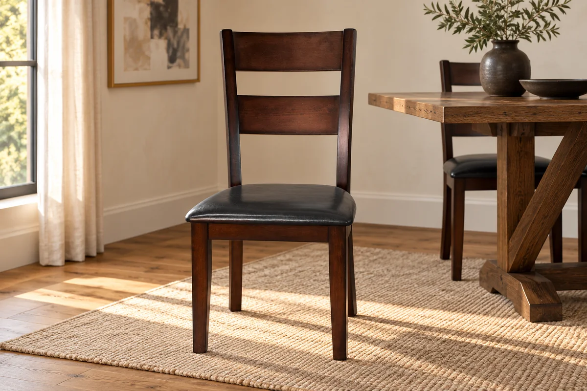 Dark wood dining chair with black seat in a dining room