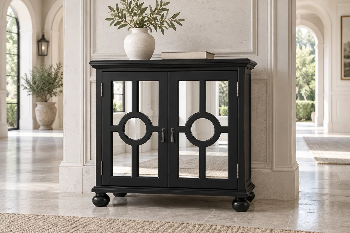 Black two-door accent chest with circular trim over mirrored panels in a light stone entryway