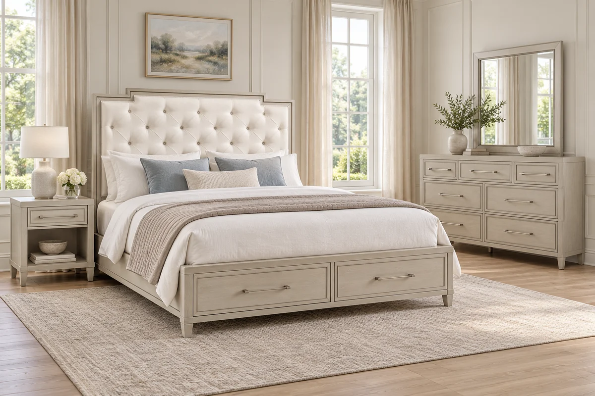 Pale wood storage bed with a white tufted headboard, matching nightstand, dresser and mirror in a sunlit bedroom