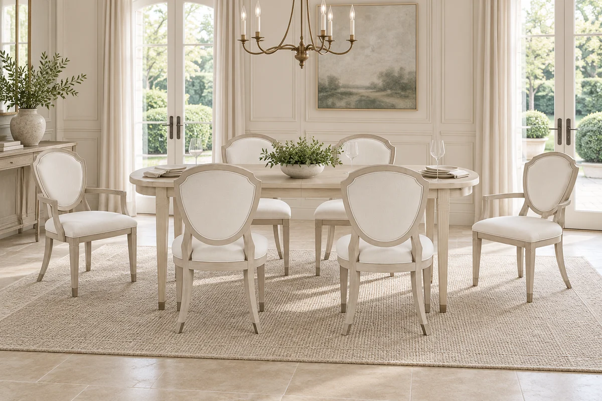 Light wood oval dining table with six ivory upholstered chairs in a bright classic dining room