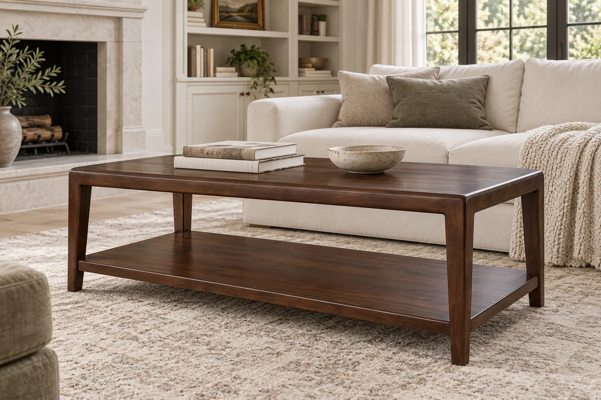 Dark walnut rectangular coffee table with an open lower shelf in a classic living room