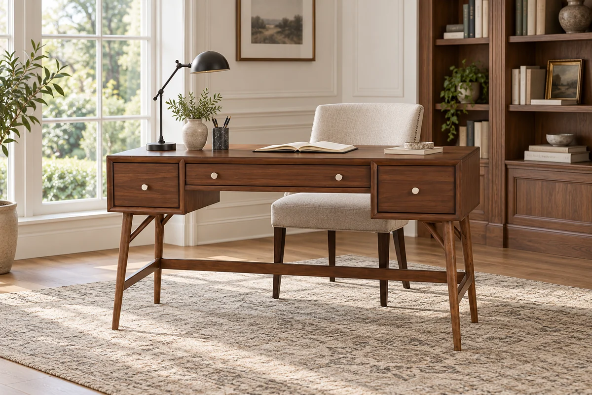 Brown wooden three-drawer writing desk with splayed legs beside garden windows and bookshelves