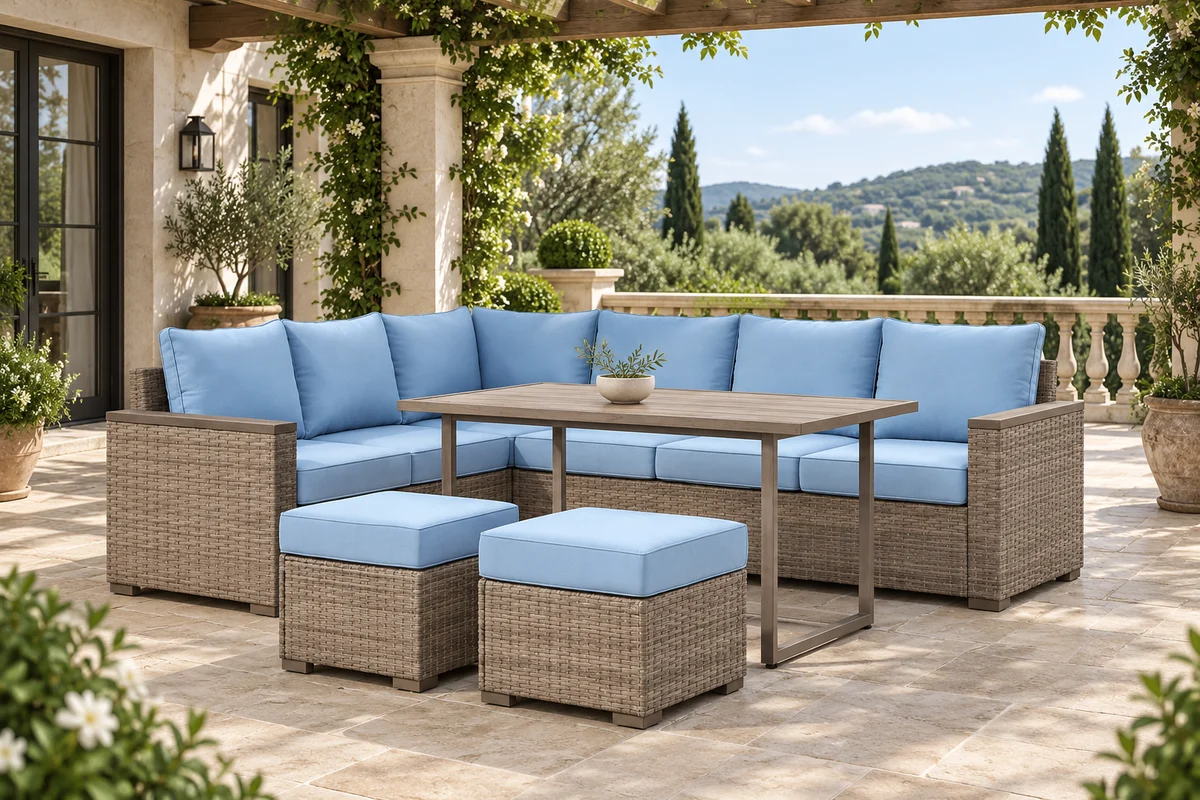 Woven outdoor sectional with pale blue cushions, two ottomans and a rectangular table on a garden terrace