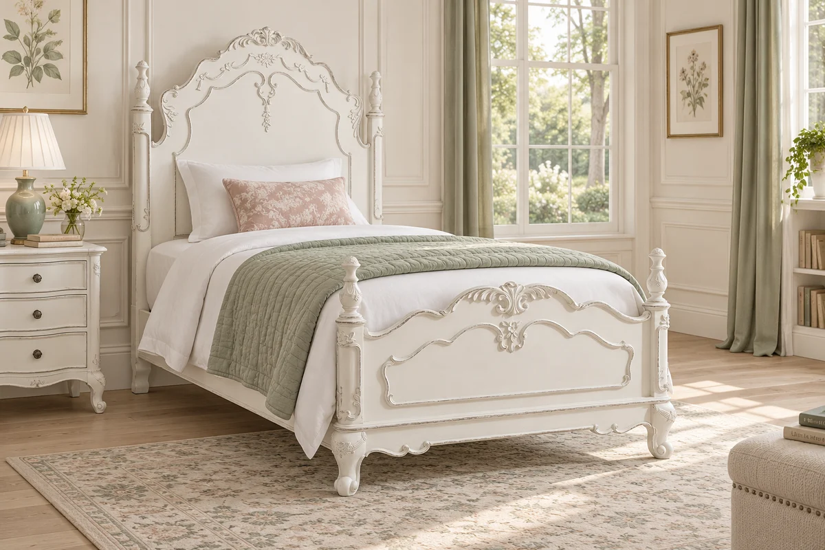 Antique white carved twin bed with sage and white bedding in a bright classic bedroom