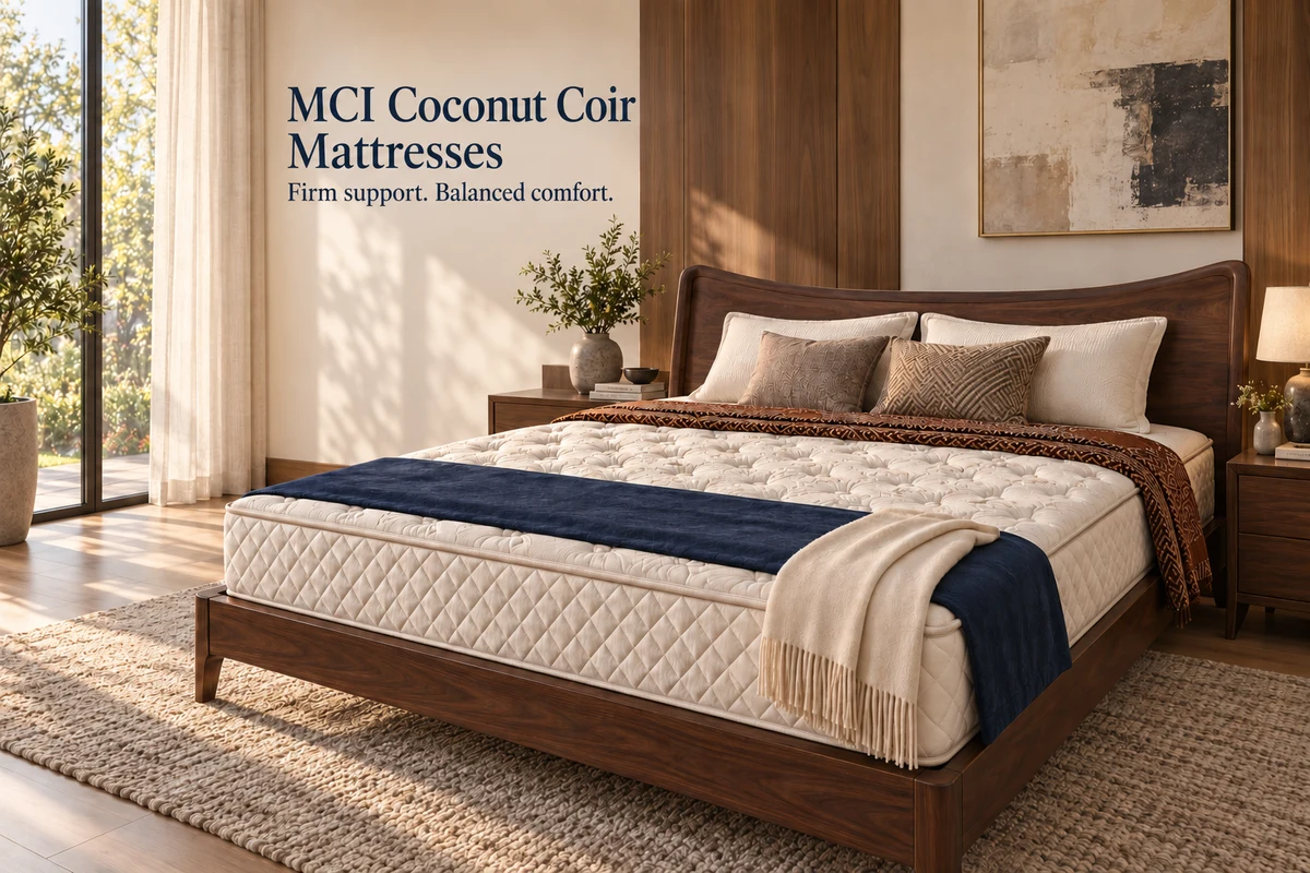 MCI coconut coir mattress with textured pillows, woven blanket and navy bed runner in a warm modern bedroom. Firm support. Balanced comfort.