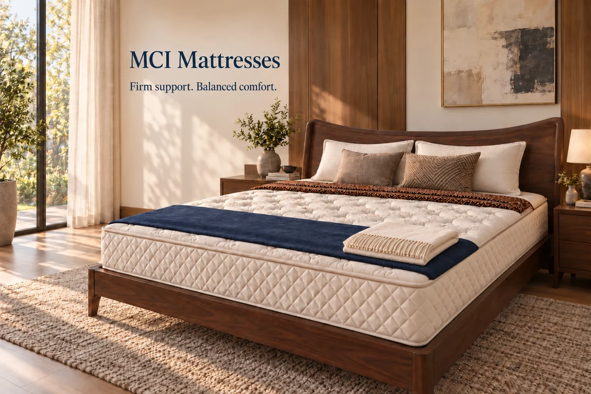 MCI coconut coir mattress with textured pillows, woven blanket and navy bed runner in a warm modern bedroom