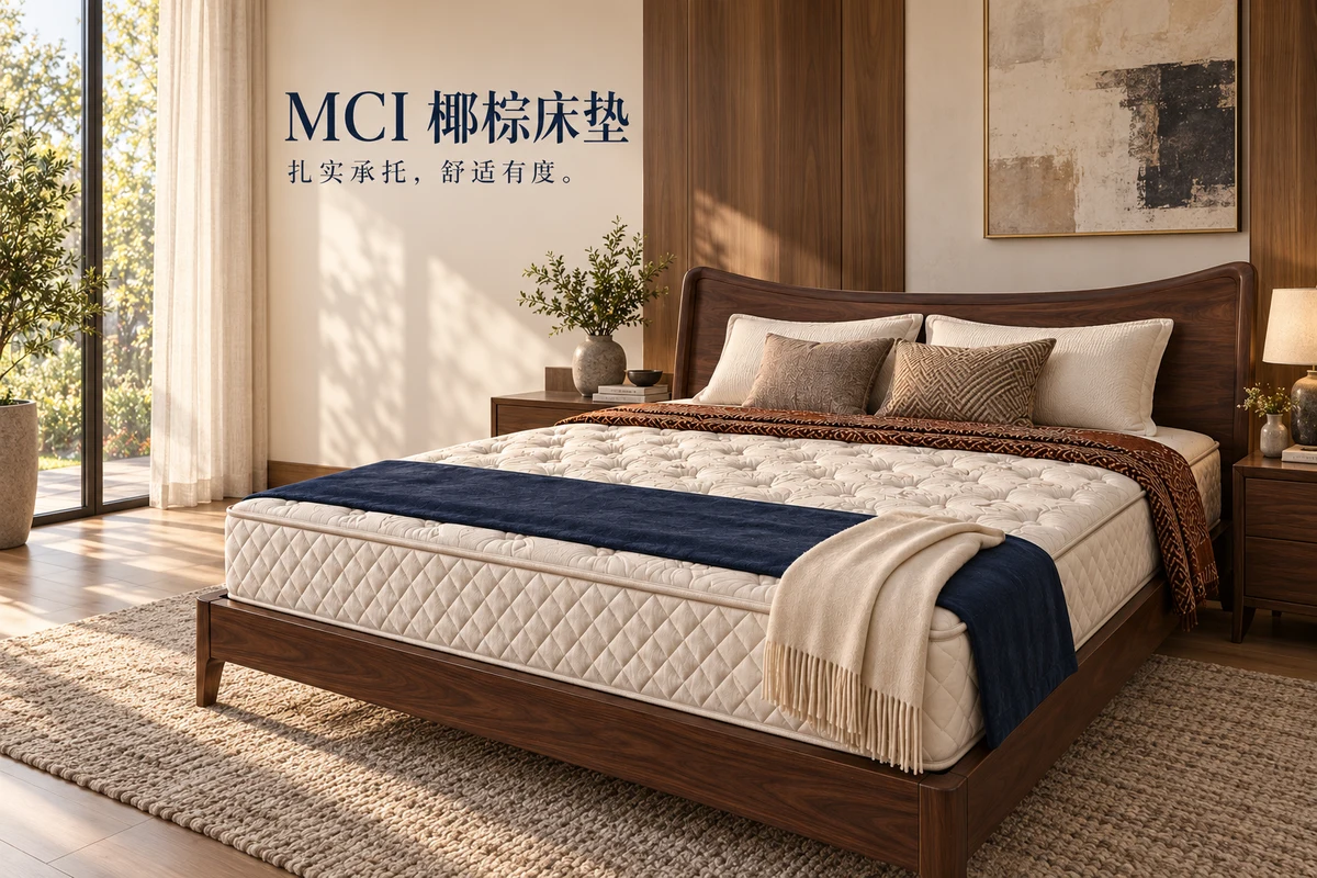 MCI 椰棕床墊搭配抱枕、織紋毯和深藍床尾巾，背景爲溫暖的現代臥室。紮實承託，舒適有度。