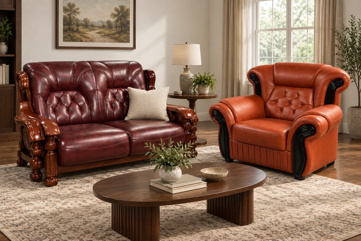 Burgundy wood-arm loveseat and cognac armchair with dark carved trim in an elegant living room