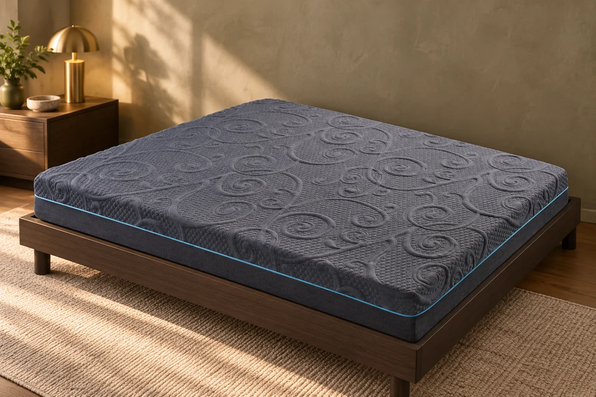 Mira Full mattress on a wood base in a softly lit bedroom