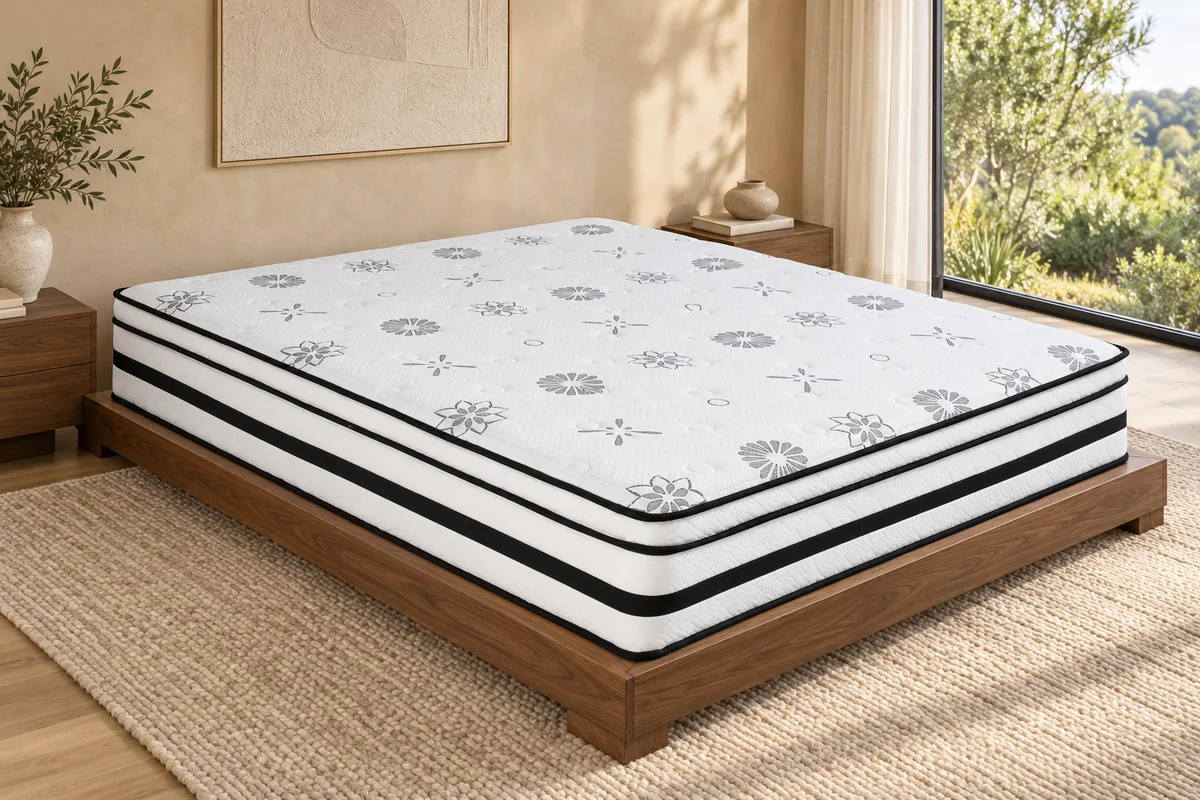 Vela Eastern King mattress on a wood platform in a bedroom