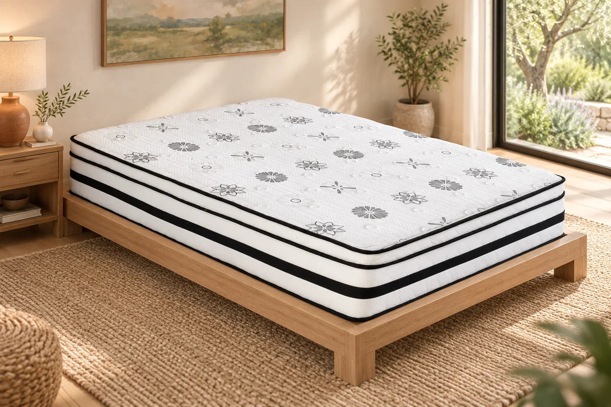 Vela Full mattress on a wood platform in a bedroom