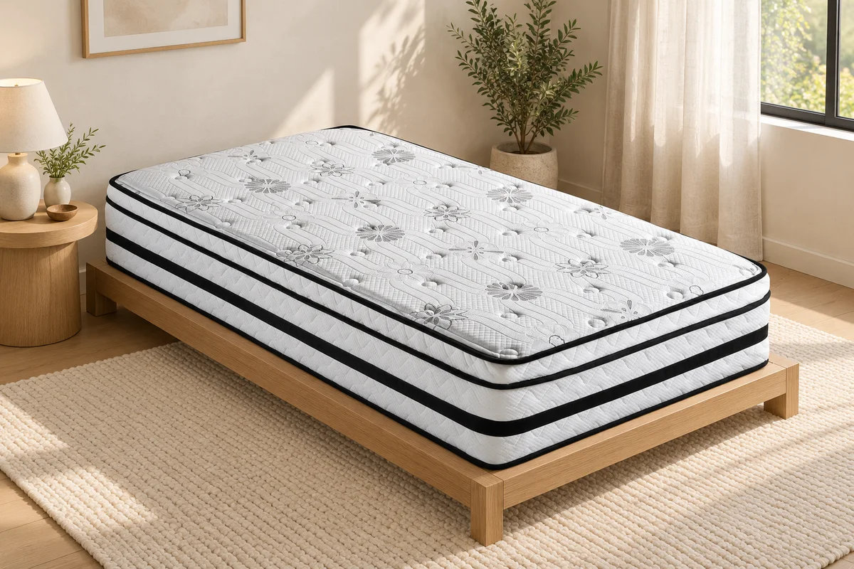 Vela Twin mattress on a wood platform in a bedroom